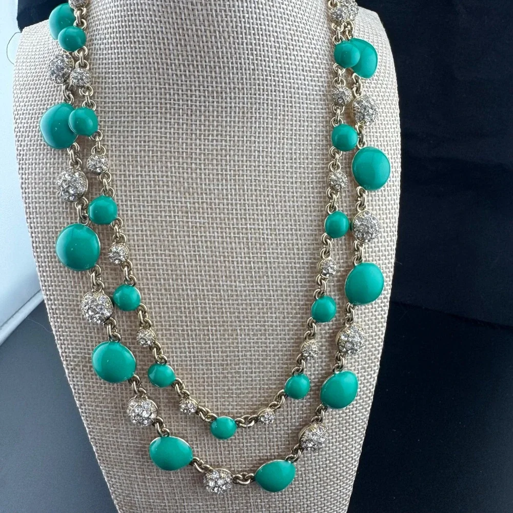 Pave Gold Tone Necklace Ann Taylor Green Cabochon Double Strand Toggle